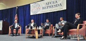 Panelists at the chapter's December discussion are (l-r) Jonathan Benett, U.S. Department of Agriculture; Brent Bushey, Department of Homeland Security; James Jones, Recover, Accountability and Transparency Board; and Laura Stanton, General Services Administration.